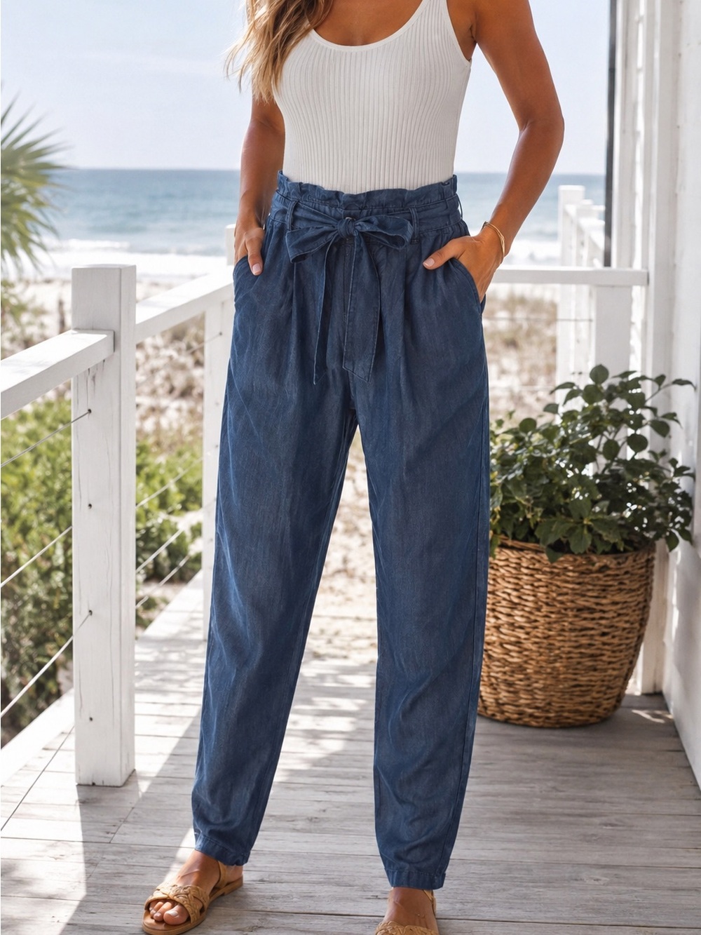 Gap Women’s 6R Tencel Lyocell Paperbag Waist Tie Belt Pants Navy Coastal